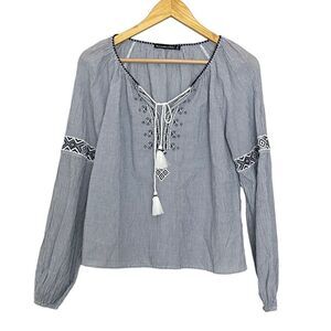 Abercrombie & Fitch Embroidered V-Neck Rope Tassel Tie Balloon Sleeves Boho Top